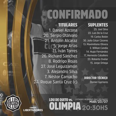 El equipo de Olimpia para medir a la Liga de Quito.