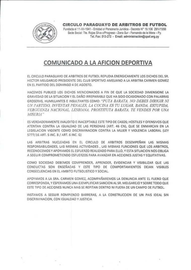 Comunicado del Círculo de Árbitros