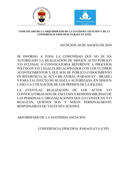 Comunicado del Arzobispado de Asunción.
