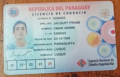 Registro de conductor expedido a nombre de Omar Arwin Jacquet Franz, que supuestamente contenía datos apócrifos.