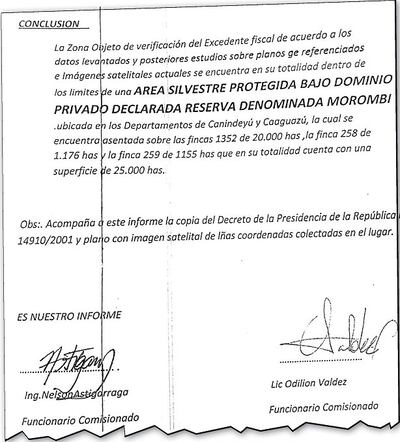 Documento del Indert que asegura que dentro de Campos Morombí no existen excedentes fiscales.