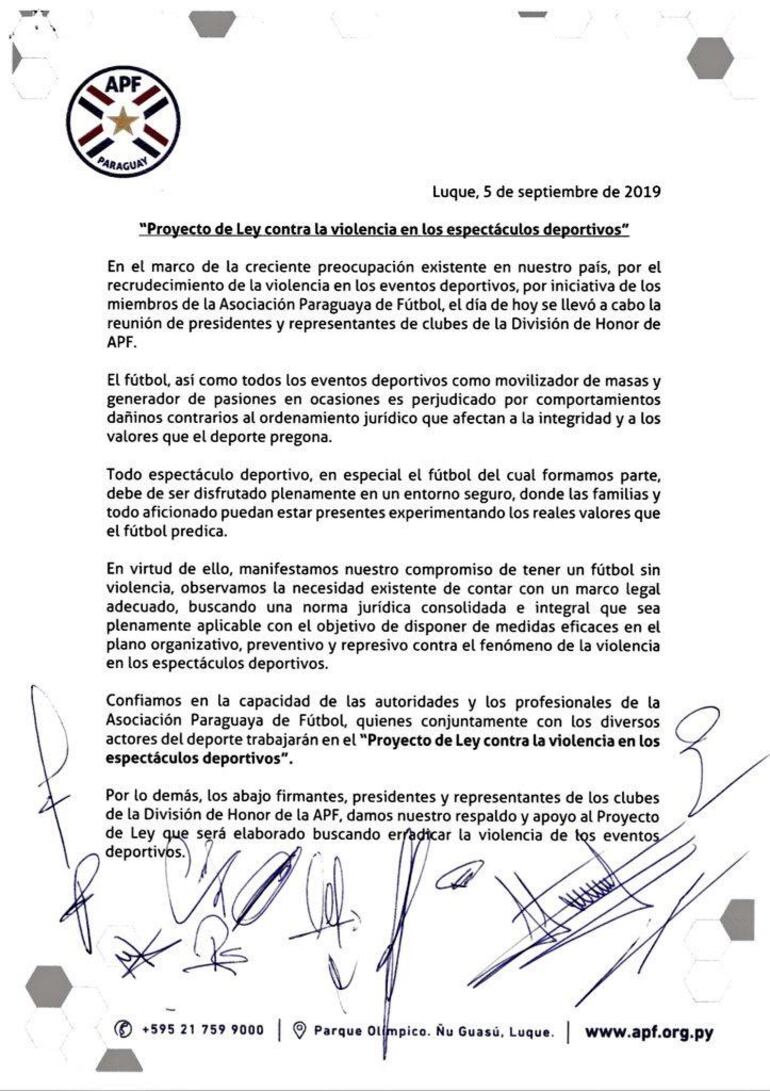 El documento firmado por los Presidentes y representantes, en apoyo al Proyecto de Ley contra la Violencia en los Eventos Deportivos.
