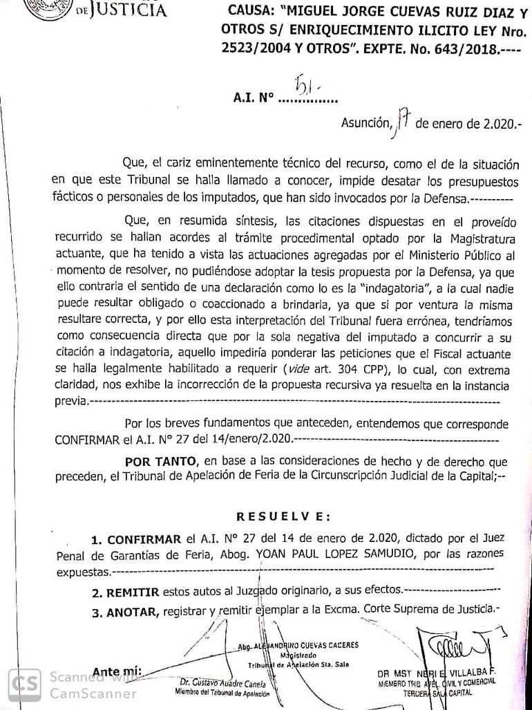 Resolución del Tribunal de Apelación de Feria.