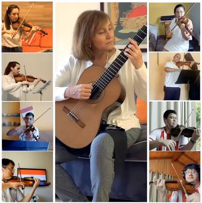 Una captura del video de la versión de  “Renacer” que grabaron Berta Rojas, Popi Spatocco y los músicos de la Orquesta Sinfónica Nacional, cada uno desde sus diferentes hogares. Berta está en EE.UU. y Popi, en  Argentina.