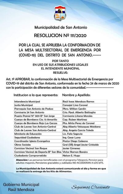 La resolución Nº 111/20 de la Municipalidad de San Antonio, por la cual se aprueba a la mesa multisectorial, y al pie de documento el eslogan proselitista del intendente, que buscará su tercer periodo.