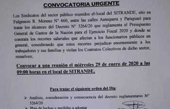 Convocatoria de urgencia de los sindicatos del sector público.