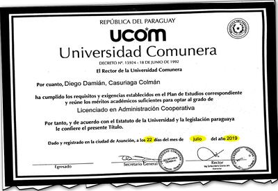 Título expedido por la UCOM pese a que el MEC consideraba inviable su emisión.