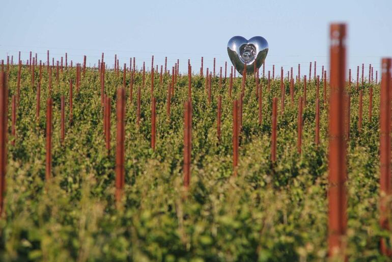 Escultura en los terrenos de los pequeños viñedos de la cooperativa Donum Estate, que solo produce al año 5.000 cajas de 12 botellas cada una.