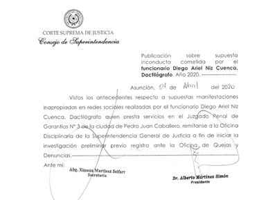 Nota  que dispone  la investigación a Diego Ariel Niz Cuenca.