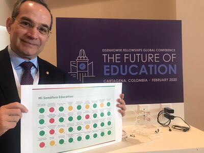 Martín Burt exhibe el "Semáforo educativo".