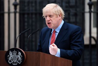 El primer ministro británico Boris Johnson da su primer discurso público tras haber pasado el coronavirus en Downing Street, Londres, Reino Unido el lunes.