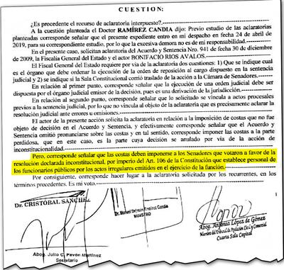Facsímil del voto de Manuel Ramírez Candia donde señala claramente que las costas del juicio deben imponerse a los senadores que votaron por la destitución de Bonifacio Ríos Ávalos.