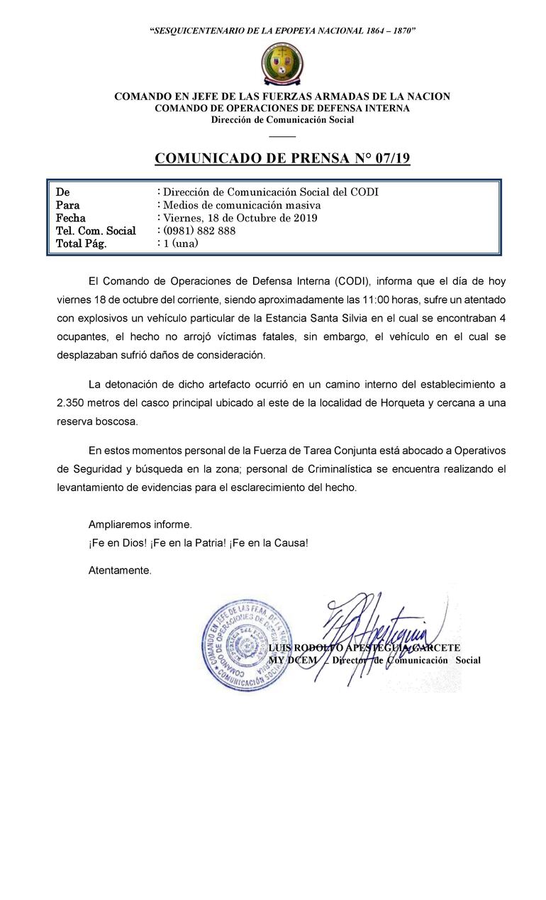 Comunicado del Comando de Operaciones de Defensa Interna (CODI).