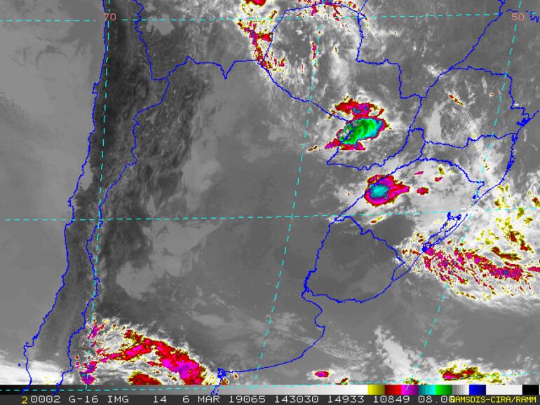 Imagen satelital que muestra el desarrollo de tormentas sobre el territorio paraguayo.