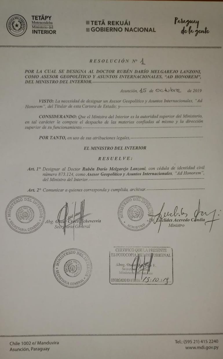 Resolución por la que Euclides Acevedo designa a Rubén Dario Melgarejo Lanzoni, asesor del Ministerio del Interior.