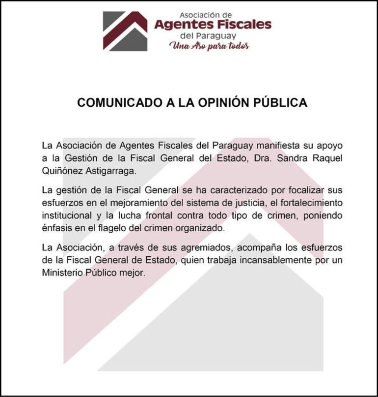 Comunicado de la Asociación de Fiscales en respaldo a Sandra Quiñónez.