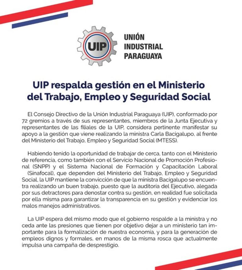 Comunicado de la UIP a favor de Bacigalupo.