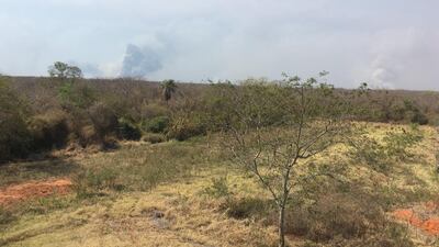 El humo de los incendios forestales se ve en el horizonte en Agua Dulce, Chaco.