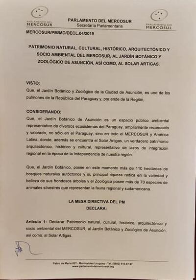 Resolución del Parlamento del Mercosur instando a preservar el Jardín Botánico y el Solar Artigas.