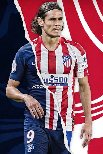 Edinson Cavani, con atuendos del PSG y el Atlético Madrid.