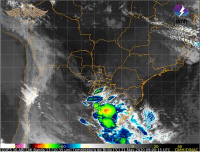 Imagen satelital que muestra el avance de núcleos de tormentas desde el sur del país.
