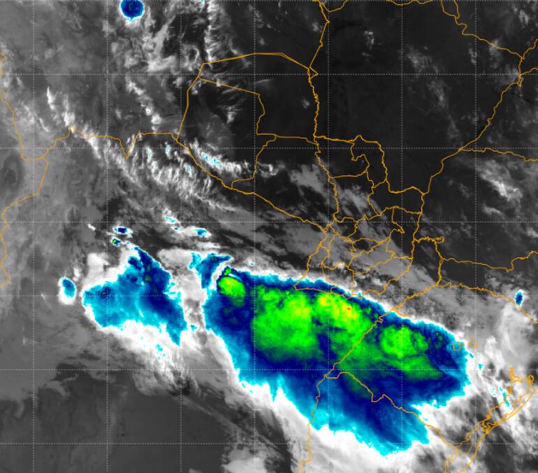 En la imagen satelital se observa cómo ingresa el sistema de tormentas desde la Argentina. 