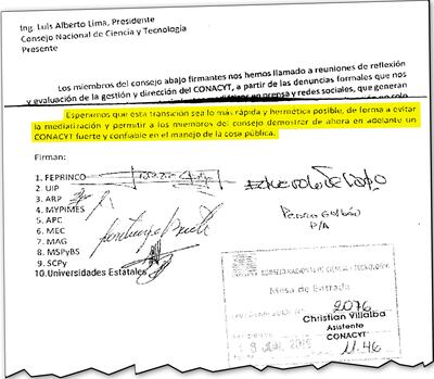 La nota enviada por el Consejo al titular del Conacyt en la que se solicitan soluciones y hermetismo.