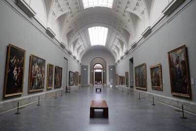 Galería del Museo del Prado, este jueves, vacía a consecuencia de la pandemia de coronavirus, en el primer aniversario de la concesión del Premio Princesa de Asturias de Comunicación y Humanidades.