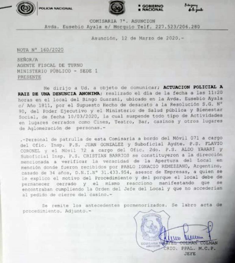 Denuncia que motivó la intervención.