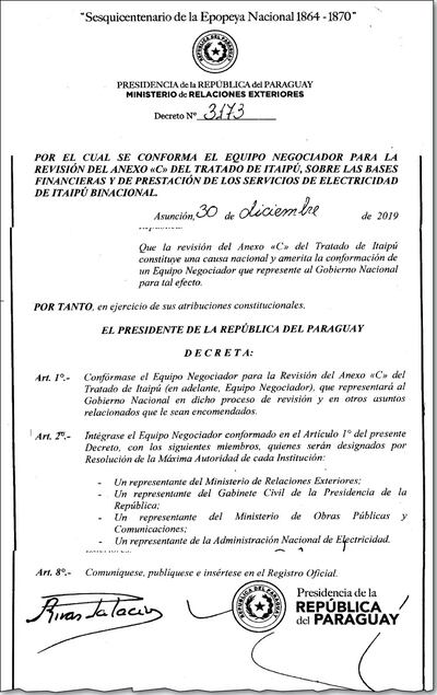 Partes principales del Decreto N° 3173 que  integra el equipo paraguayo que revisará el Anexo C.