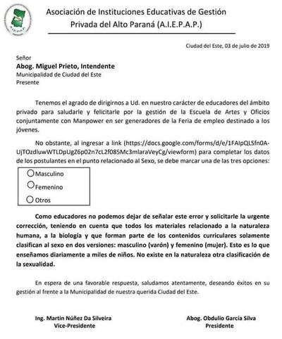 Formulario virtual de la Municipalidad de Ciudad del Este que generó polémica.