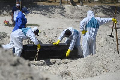 Trabajadores con trajes de protección como medida preventiva contra la propagación del nuevo coronavirus, COVID-19, entierran un ataúd en el cementerio de La Bermeja en San Salvador