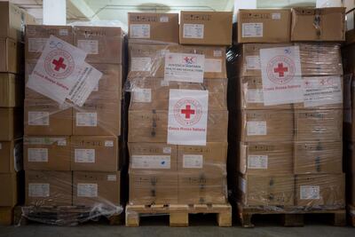 Vista de cajas con insumos de ayuda humanitaria este viernes en Caracas (Venezuela).