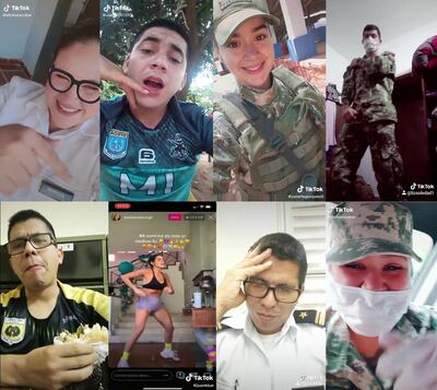 Un collage de capturas de pantalla de los videos de los militares tiktokers. Ahora serían sancionados por filmarse bromeando vistiendo uniforme.