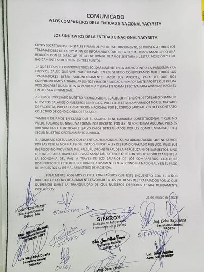 Comunicado de sindicatos de la EBY