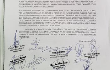 Comunicado de sindicatos de la EBY