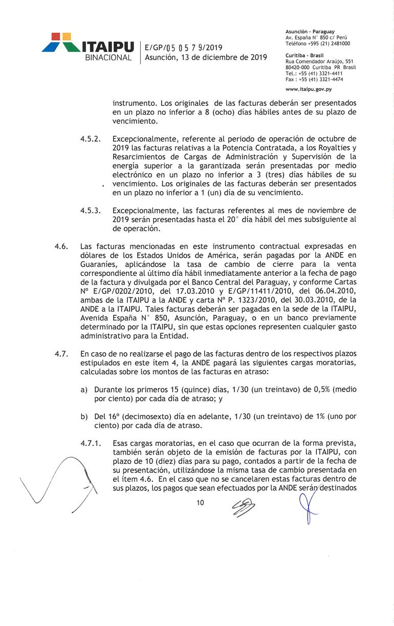 Carta Convenio entre Paraguay y Brasil sobre Itaipú, página 10.