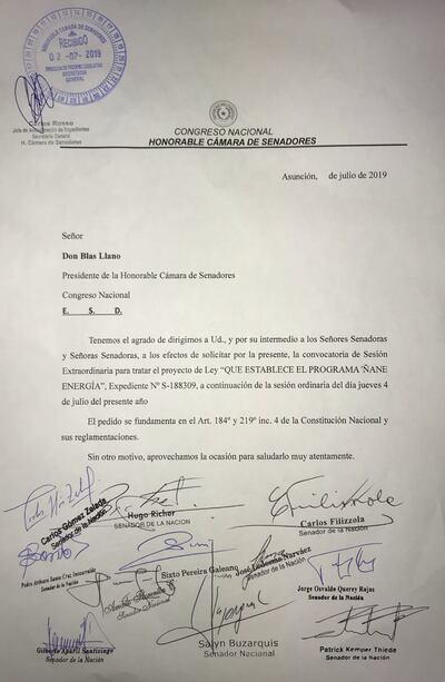 Senadores piden sesión extra para tratar proyecto de ley “Ñane energía”.