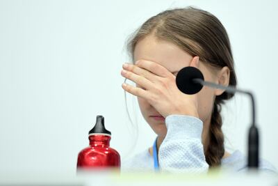 La activista sueca Greta Thunberg durante su participación en una rueda de prensa de jóvenes activistas climáticos, en la XXV Cumbre de la Convención de Cambio Climático de Naciones Unidas (COP25) que se celebra en Madrid bajo el lema "Tiempo de actuar".
