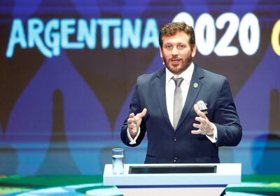 El presidente de la Conmebol Alejandro Domínguez habla este martes en el sorteo de la Copa América Argentina Colombia 2020 en Cartagena (Colombia).
