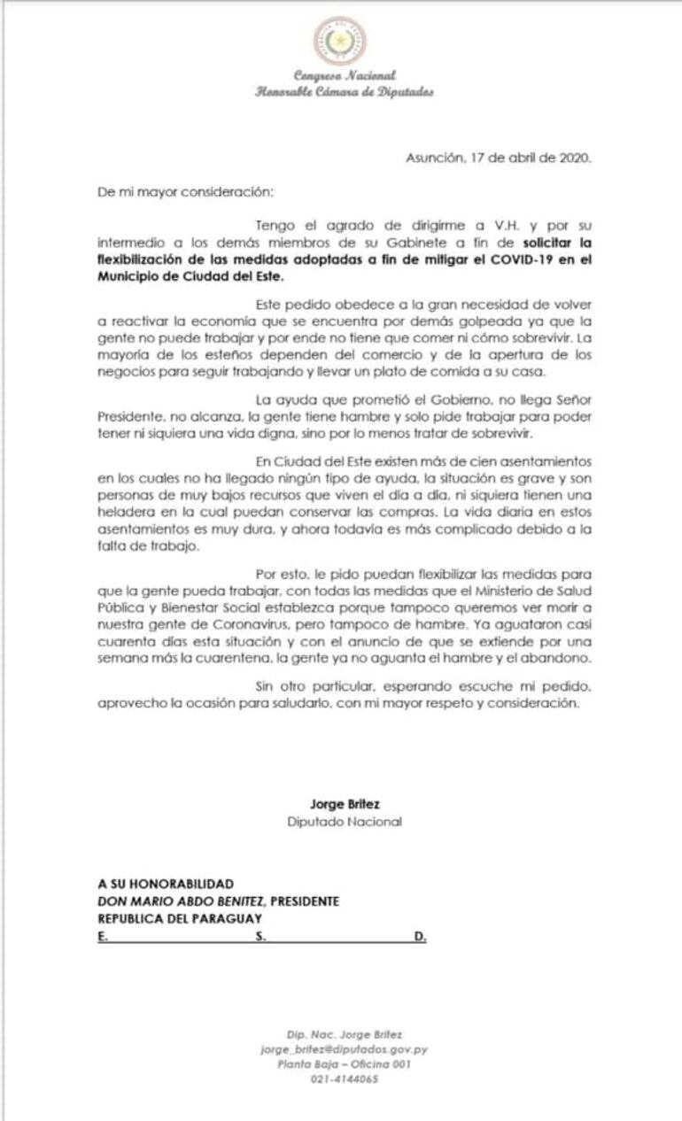 Nota enviada por el diputado Brítez al presidente de la República.