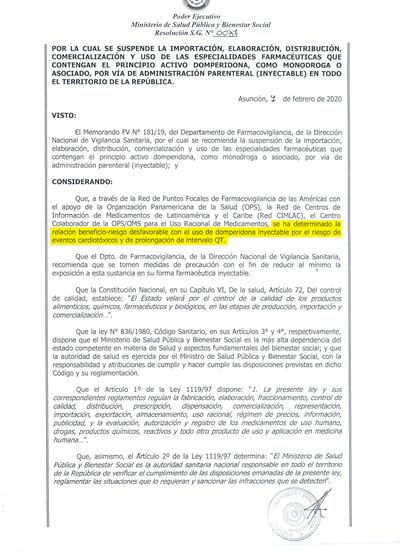 Resolución del Ministerio de Salud respecto a la domperidona inyectable.