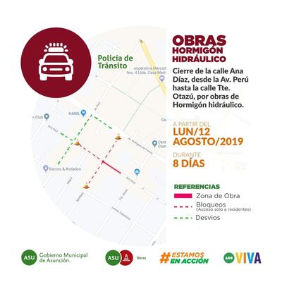 Mapa que muestra la zona en donde se realizarán las obras de hormigón hidráulico, las calles que serán bloqueadas, y los desvíos para los conductores.