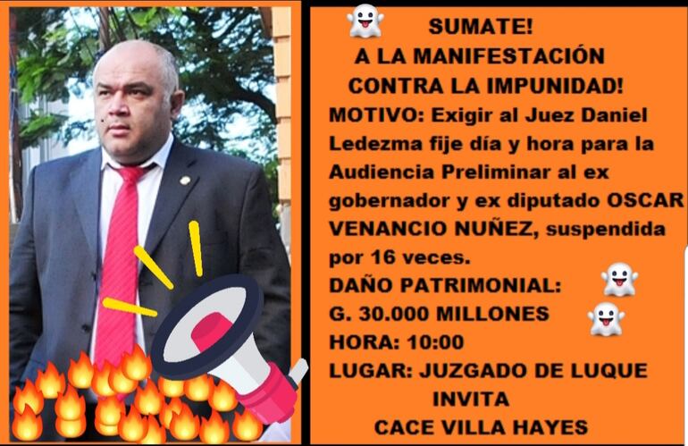 Convocan a manifestación para exigir que la justicia actúe contra el diputado Basilio "Bachi" Núñez.