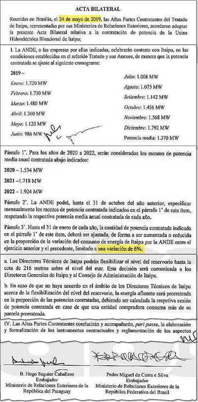 Partes del Acta Bilateral firmada, en absoluto secreto, el pasado 24 de mayo. Según técnicos, ni un solo punto era favorable para el Paraguay.