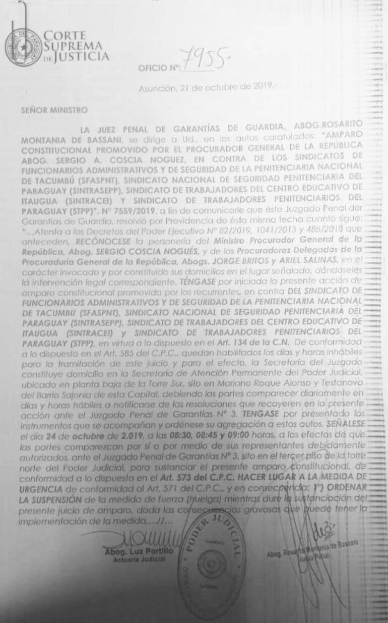 Amparo judicial concedido para frenar huelga en penitenciarías.