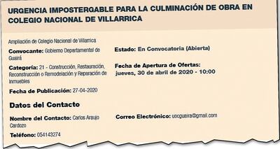 Obras de construcción en el colegio de Villarrica, alegando urgencia impostergable, son parte de otro de los sospechosos llamados, en este caso de la Gobernación de Guairá.