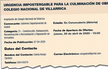 Obras de construcción en el colegio de Villarrica, alegando urgencia impostergable, son parte de otro de los sospechosos llamados, en este caso de la Gobernación de Guairá.