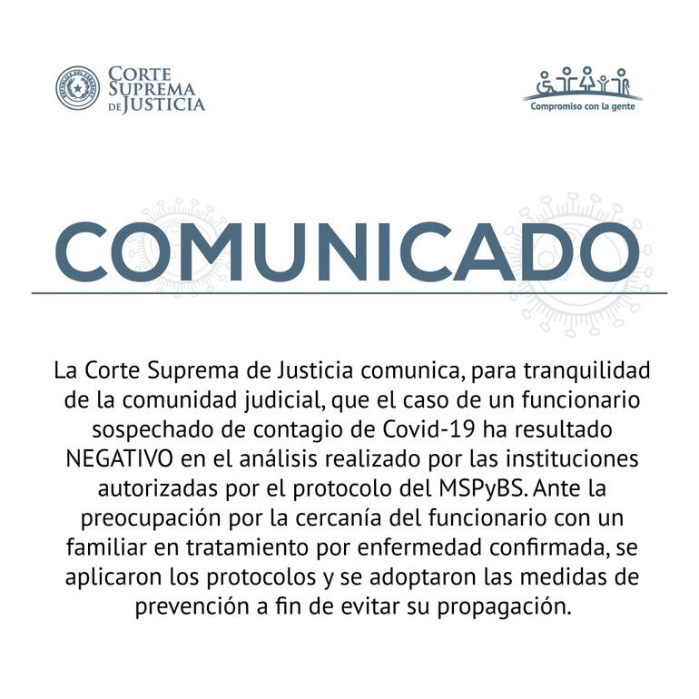 Comunicado de la Corte Suprema de Justicia, descartando caso sospechoso de un funcionario.