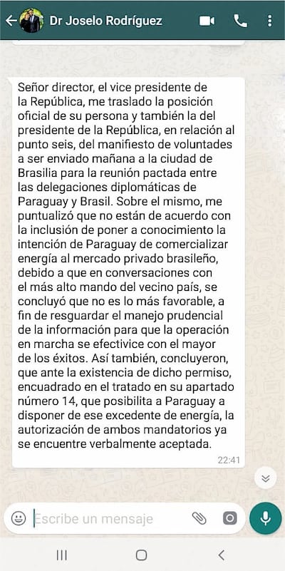 Mensaje a autoridades de ANDE  del Abog. José Rodríguez, asesor jurídico del Vicepresidente. Es  hijo de la titular de Seprelad, María Epifanía González.